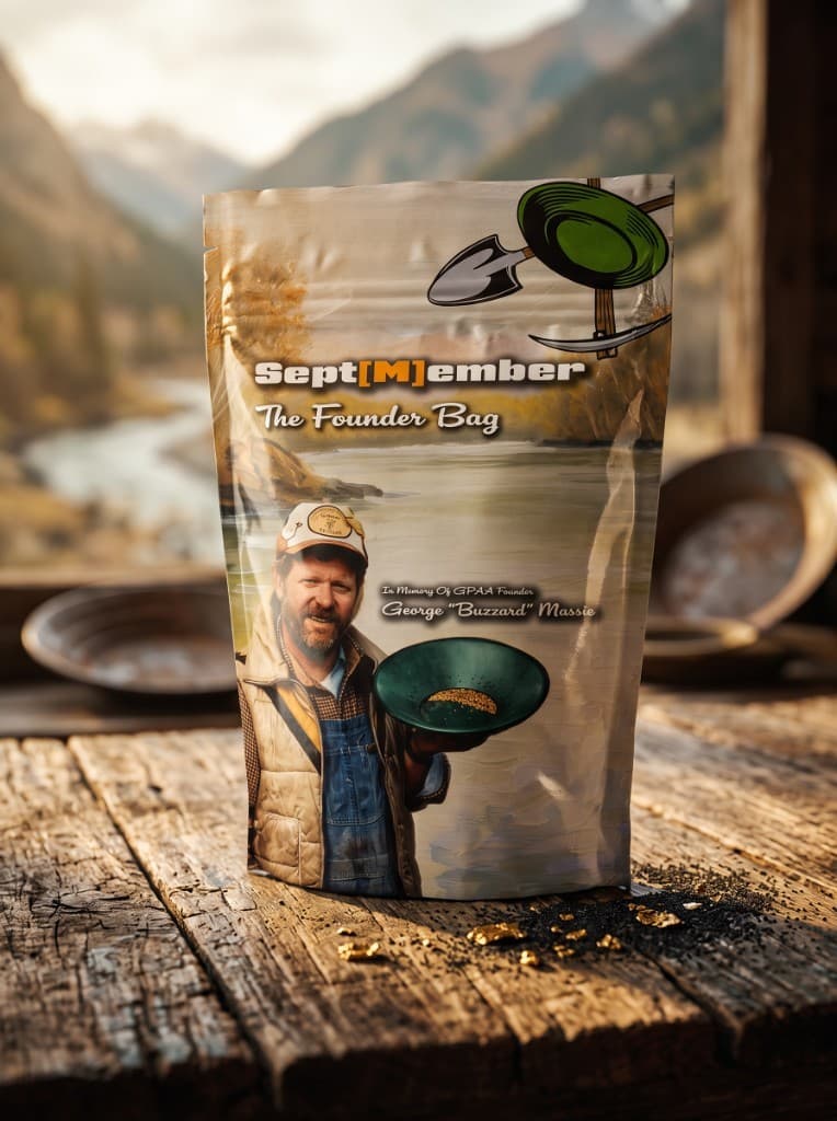 The Founder Bag paydirt pouch on a wooden table with gold nuggets